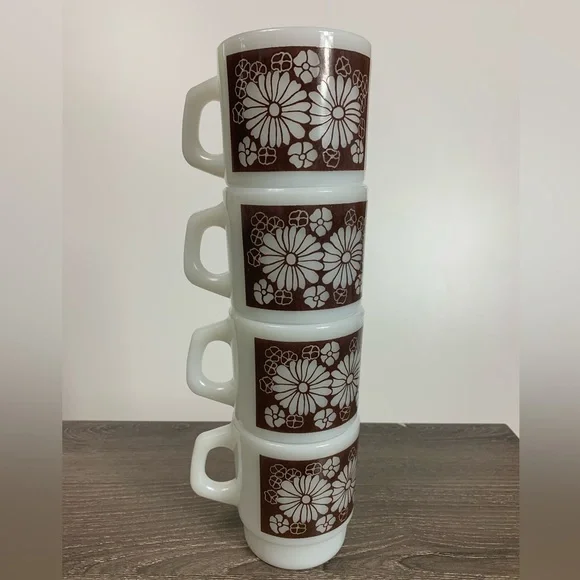 Vtg Anchor Floral Milk Glass Stackable Coffee Mugs USA Oven Proof Brown Lot Of 8 - Picture 3 of 15